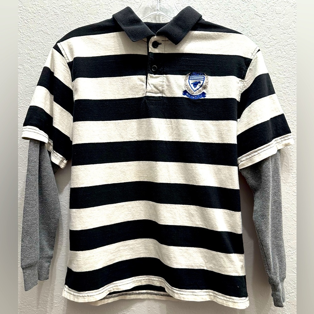 Boy’s Wrangler’s Striped Black & Ivory Polo with Gray Long Sleeves Size XL